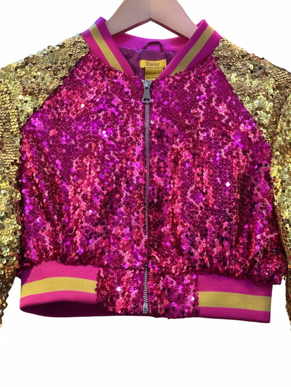 Daisy S Pink Sequin Bomber Jacket Gold Sleeves Cropped Zip Front Barbiecore